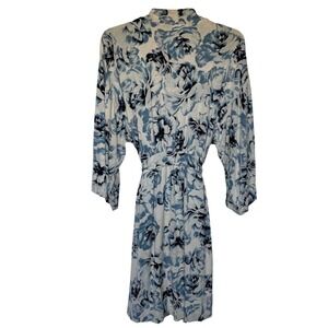 Soma Rayon Floral Print Robe Kimono Blue White S/M Lightweight Tie Waist